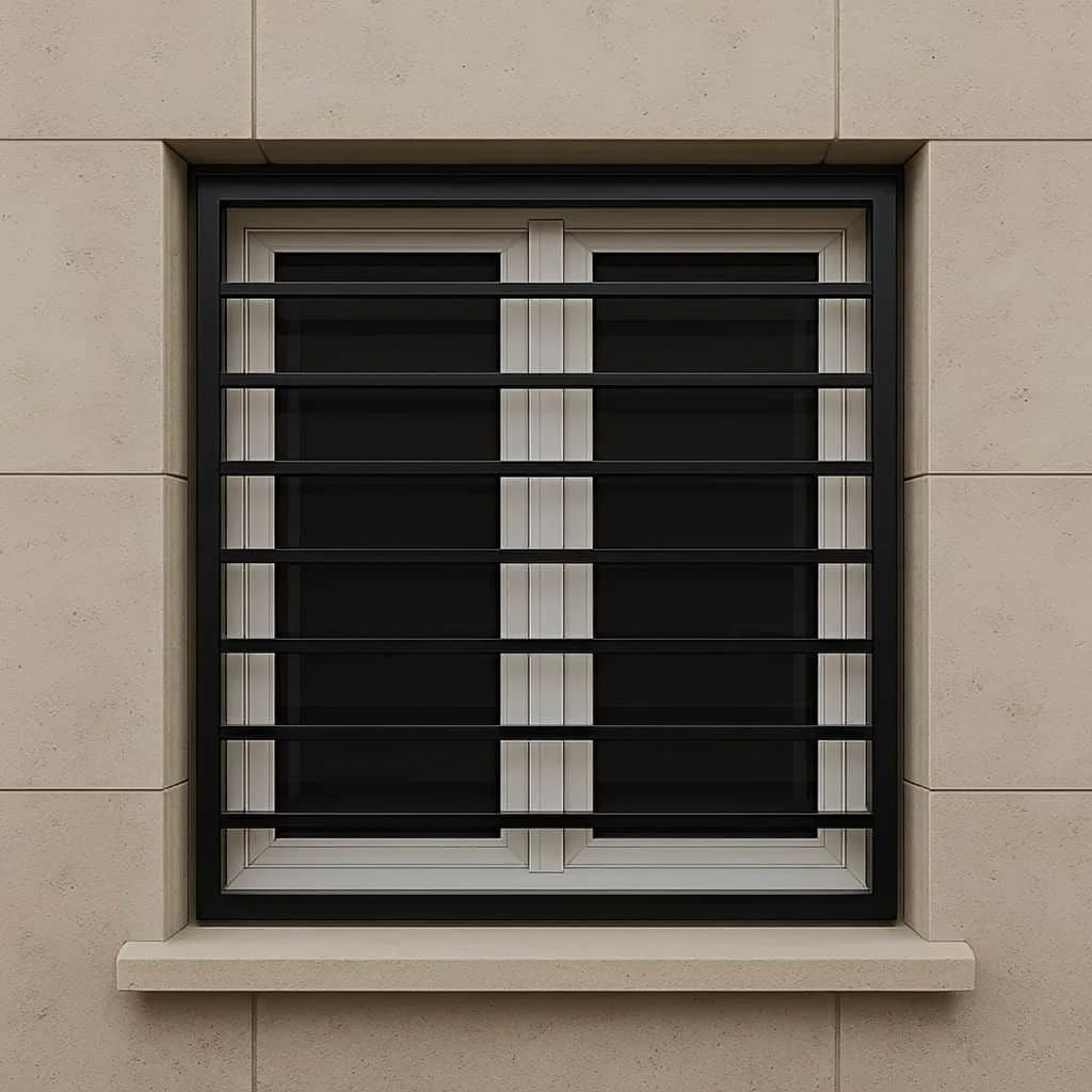 حفاظ پنجره فلزی مدرن با طراحی افقی مینیمال روی پنجره UPVC و نمای سنگ - ساخت نپارسازه